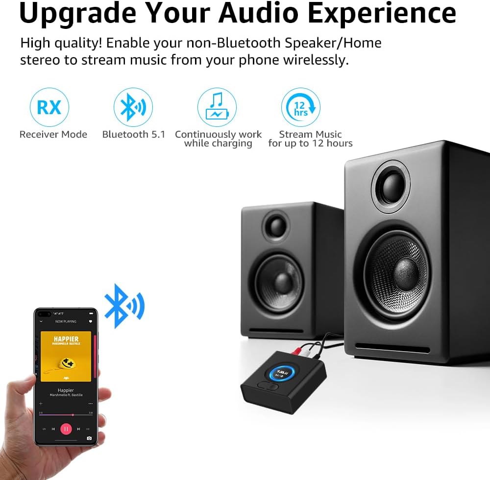 1Mii Bluetooth Audio Adapter, Low Latency Wireless Bluetooth 5.1 Audio Receiver with 3.5 mm RCA for Home Stereo Music Streaming System, Bass Mode, 12hrs Playtime