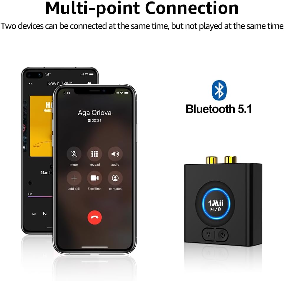 1Mii Bluetooth Audio Adapter, Low Latency Wireless Bluetooth 5.1 Audio Receiver with 3.5 mm RCA for Home Stereo Music Streaming System, Bass Mode, 12hrs Playtime
