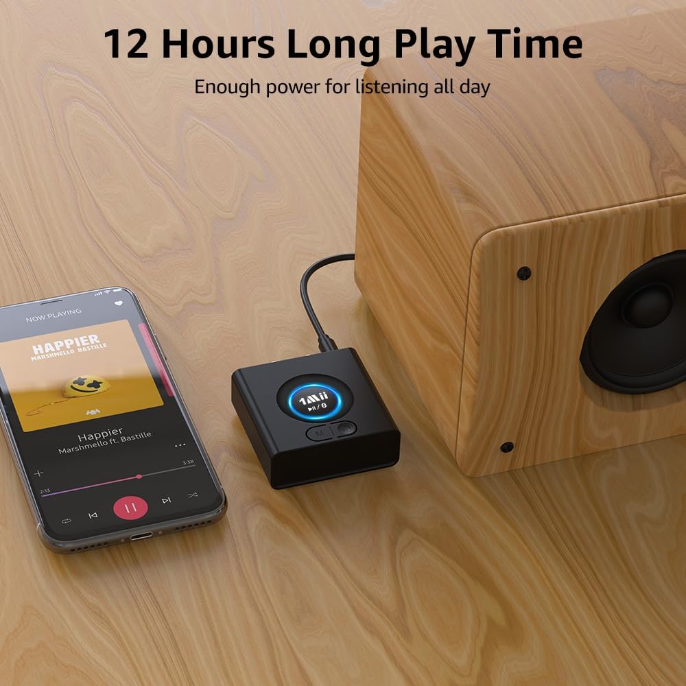 1Mii Bluetooth Audio Adapter, Low Latency Wireless Bluetooth 5.1 Audio Receiver with 3.5 mm RCA for Home Stereo Music Streaming System, Bass Mode, 12hrs Playtime