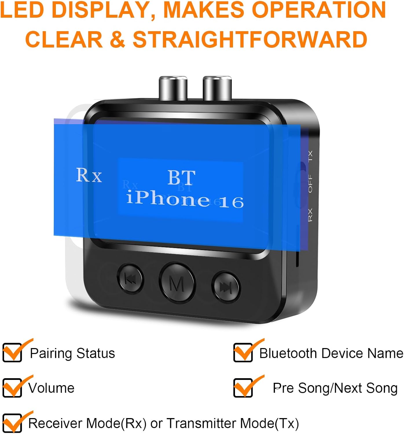 Bluetooth Receiver for Speaker - Bluetooth 5.0 Audio Receiver with Display, Wireless Audio Adapter for Home Stereo/Headphones/Speakers/Home Theater/TV/PC/Car, with TF Card/RCA/3.5m