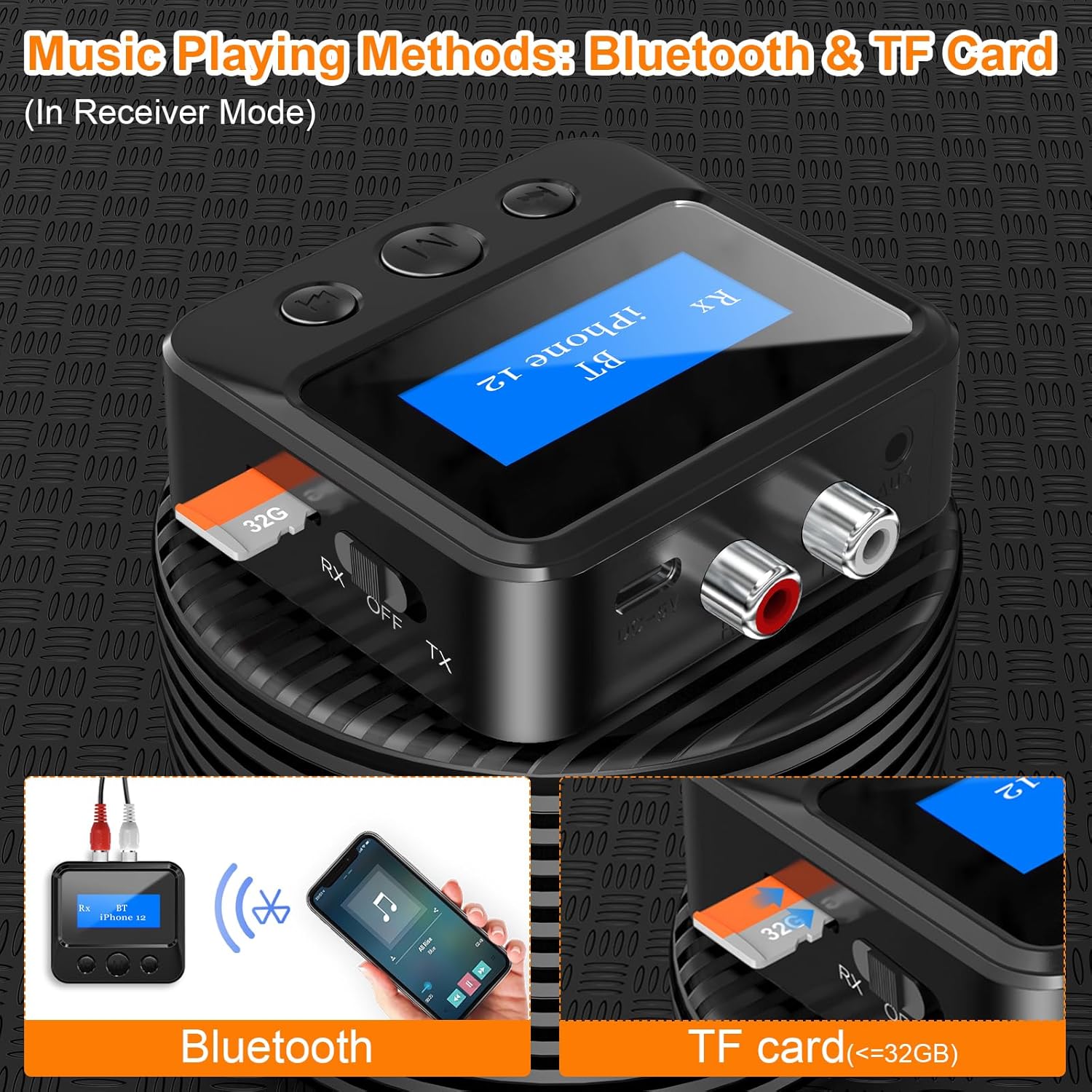 Bluetooth Receiver for Speaker - Bluetooth 5.0 Audio Receiver with Display, Wireless Audio Adapter for Home Stereo/Headphones/Speakers/Home Theater/TV/PC/Car, with TF Card/RCA/3.5m
