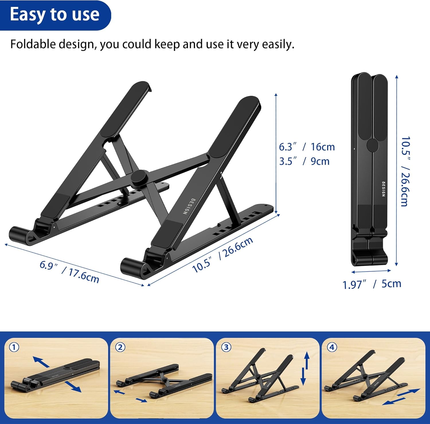 Besign LS01 Pro Ergonomic Laptop Stand for Desk, Portable and Adjustable Computer Holder, Ventilated Cooling Pad Notebook Riser Compatible with 10-15.6" Laptops (Black)