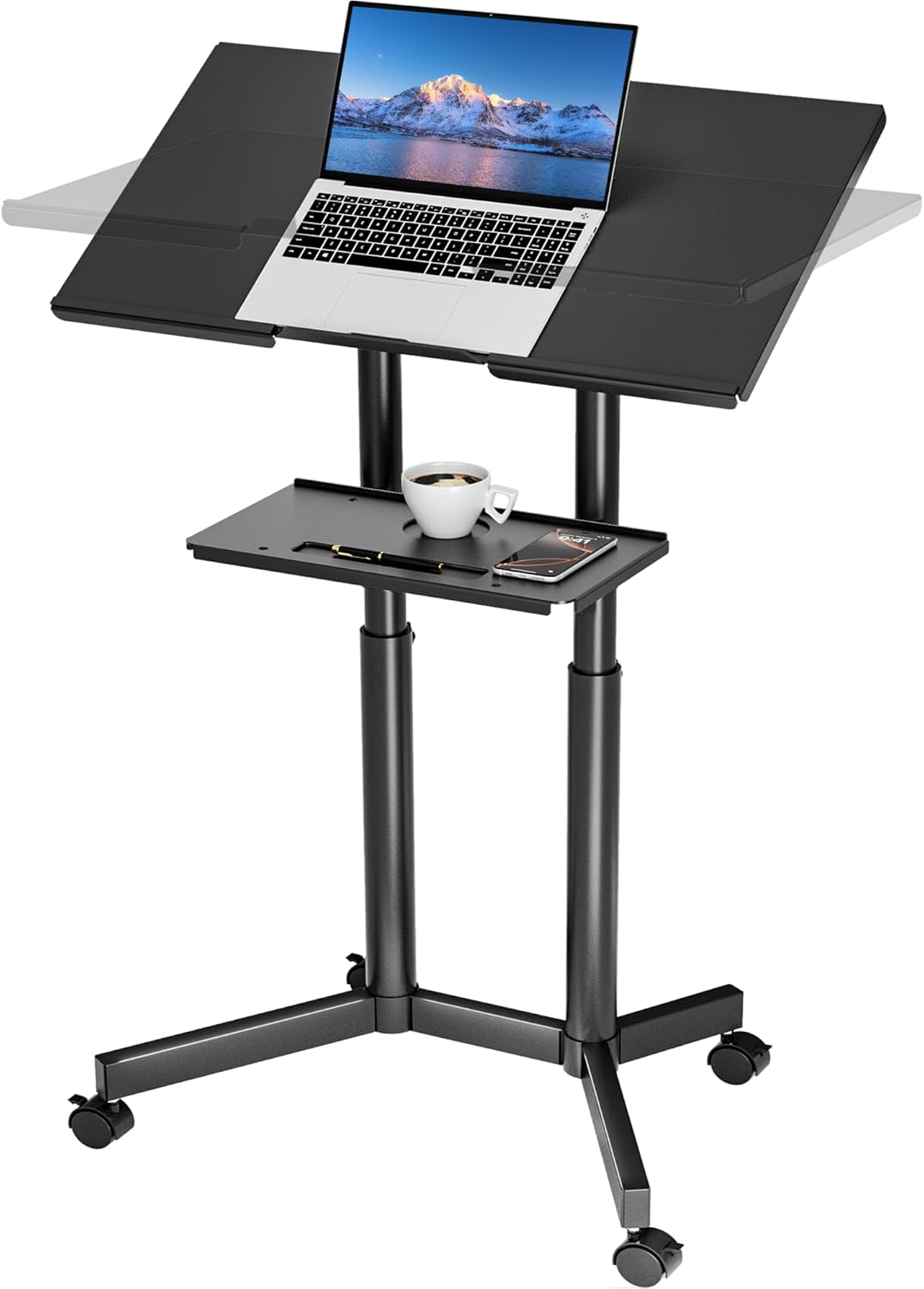 BONTEC Lecterns & Podiums, Mobile Standing Laptop Desk with Storage Tray, Height Adjustable Sit Stand Desk, Rolling Teacher Station for Classroom Office, Portable Laptop Cart and C