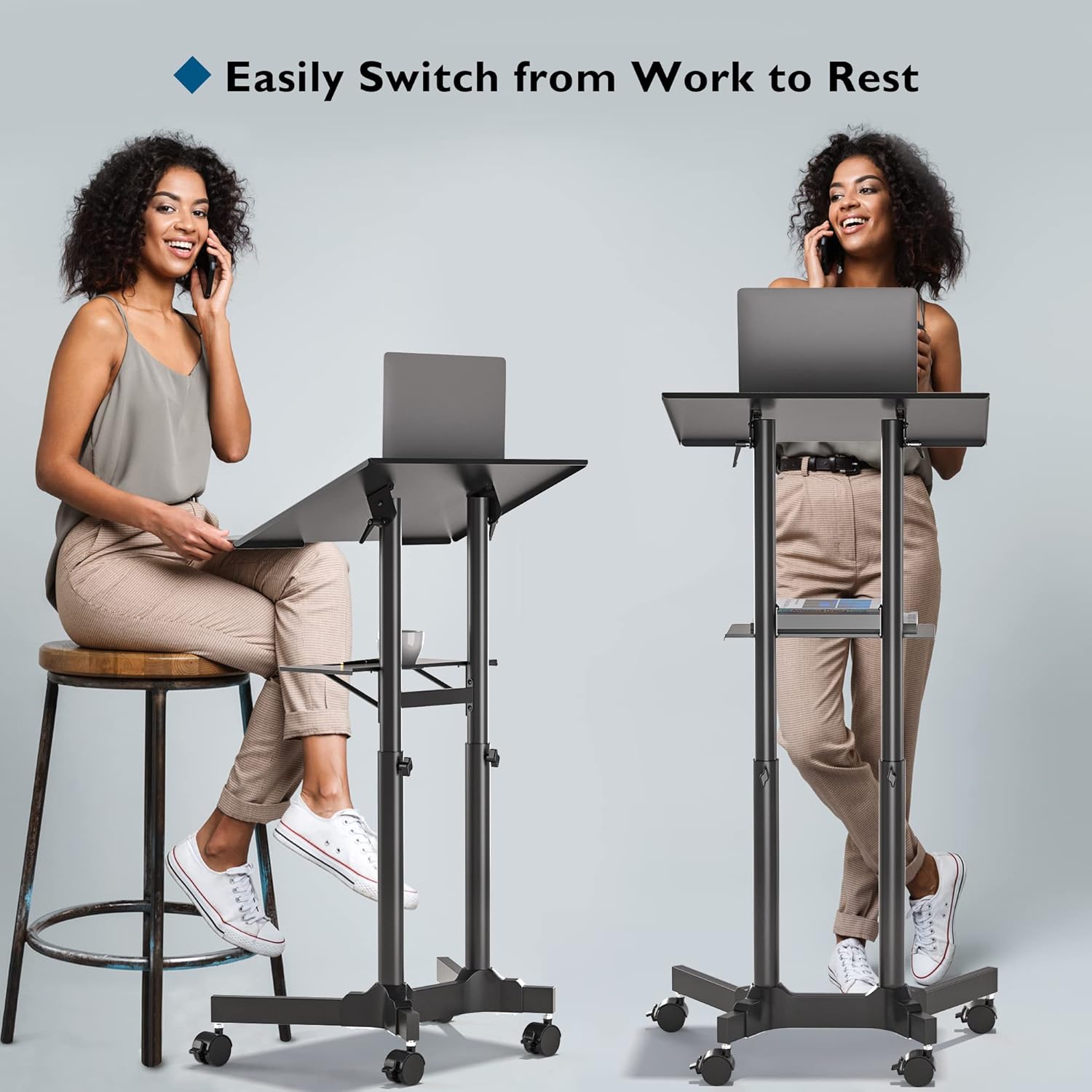 BONTEC Lecterns & Podiums, Mobile Standing Laptop Desk with Storage Tray, Height Adjustable Sit Stand Desk, Rolling Teacher Station for Classroom Office, Portable Laptop Cart and C