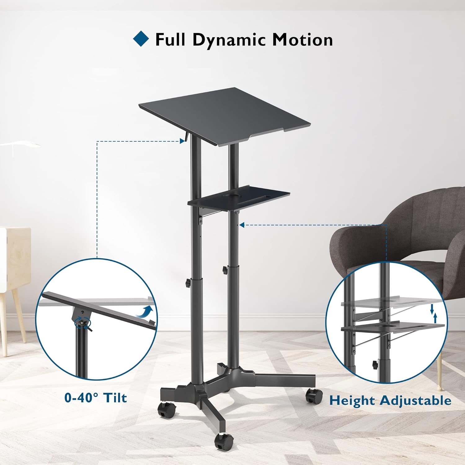 BONTEC Lecterns & Podiums, Mobile Standing Laptop Desk with Storage Tray, Height Adjustable Sit Stand Desk, Rolling Teacher Station for Classroom Office, Portable Laptop Cart and C