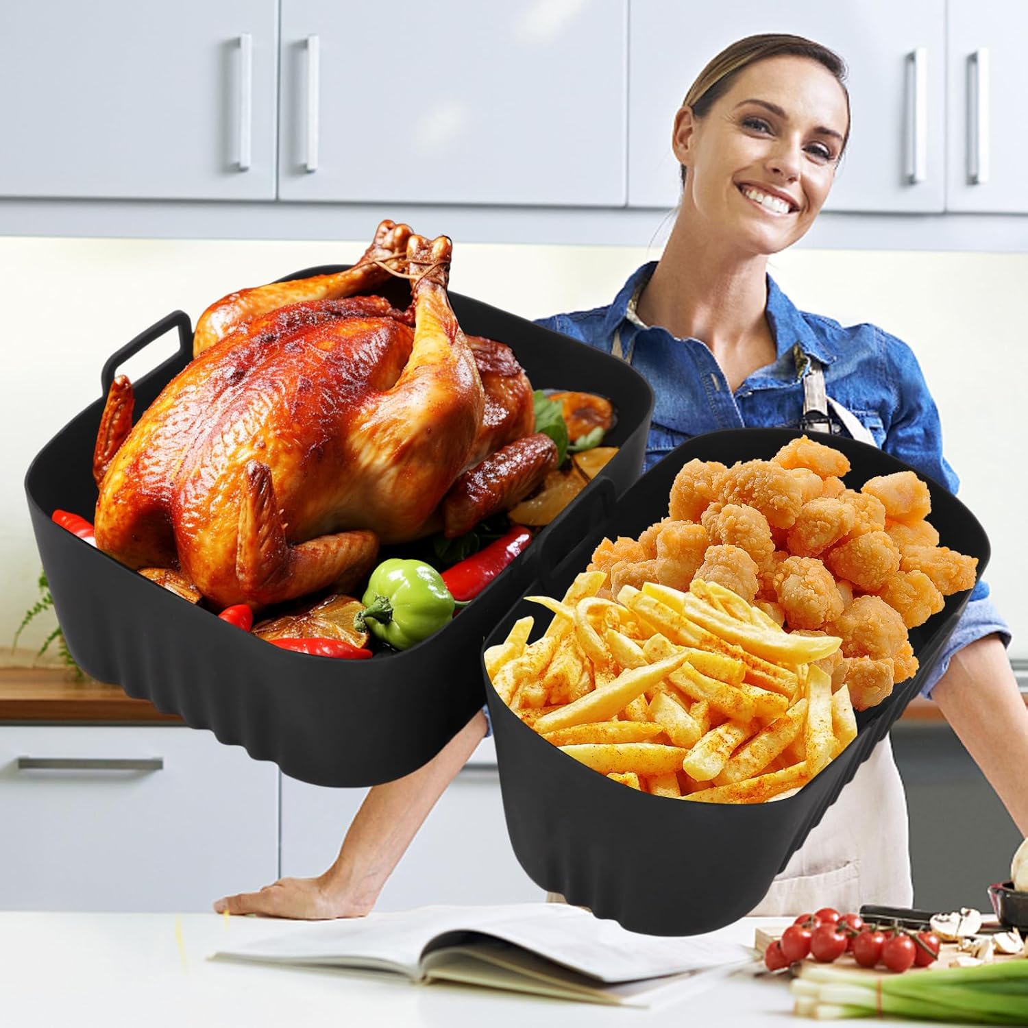 2 Pack Silicone Air Fryer Liners Square - Reusable Airfryer Basket - Easy to Clean Air Fryers Pot for Philips Dual Basket Air Fryer 3000 Series 6L/3L
