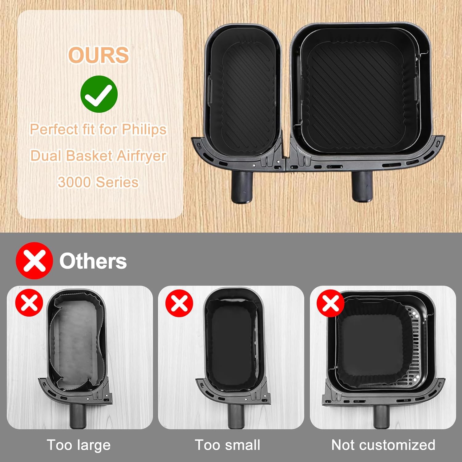 2 Pack Silicone Air Fryer Liners Square - Reusable Airfryer Basket - Easy to Clean Air Fryers Pot for Philips Dual Basket Air Fryer 3000 Series 6L/3L