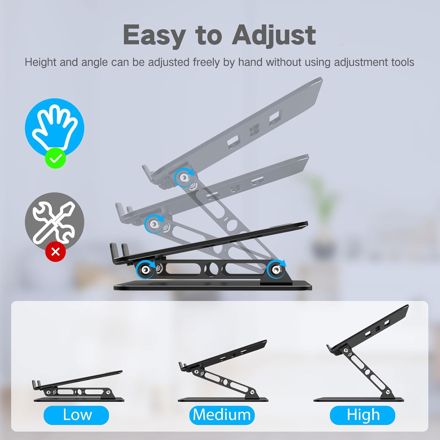 Adjustable Laptop Stand for Desk, Metal Foldable Laptop Riser, Portable Laptop Holder, Ventilated Cooling Computer Notebook Stand Compatible with 10-15.6” Laptops