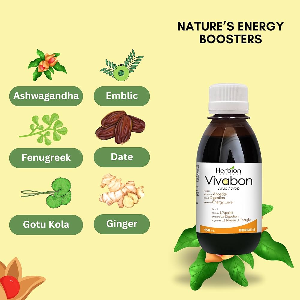 Herbion Naturals Vivabon Digestive & Nutritive Tonic, Boost Digestion, Increase Energy Level, Enhances Memory, Relieve Debility, Stimulate Appetite for Adults, Lychee Flavour, syrup 150 mL