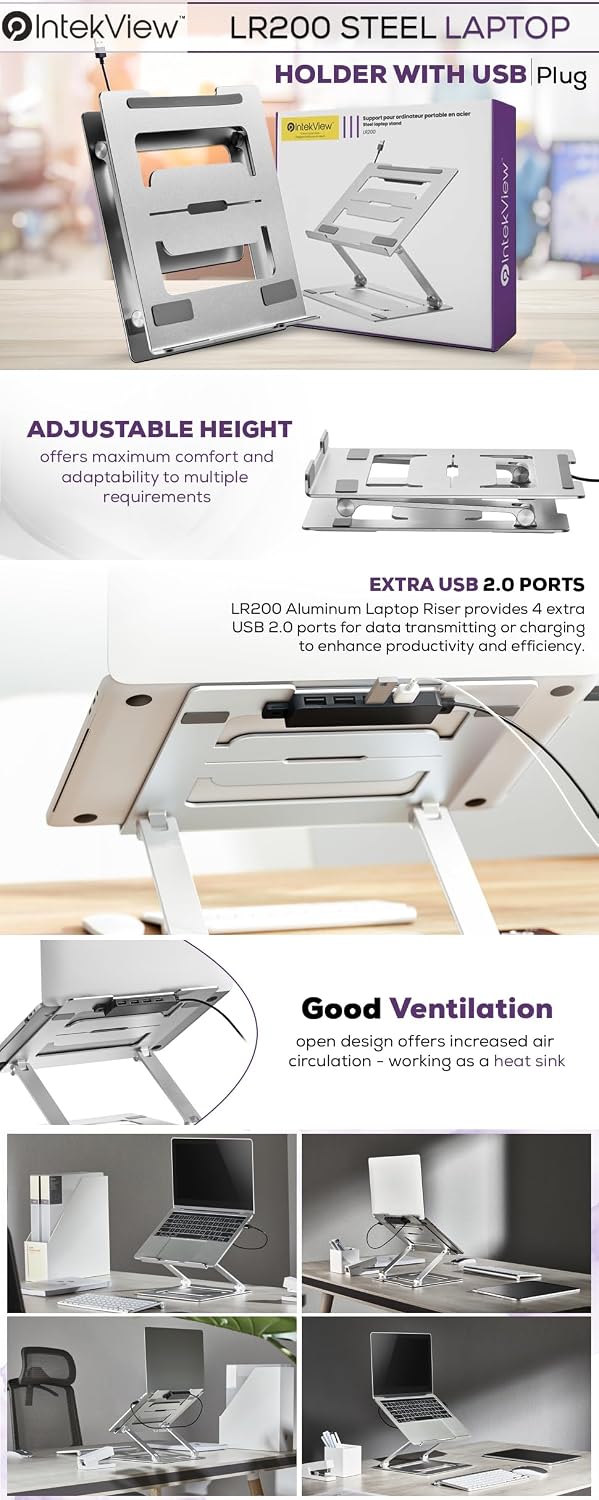 Steel Laptop Holder with USB Ports - Ergonomic, Adjustable and Foldable