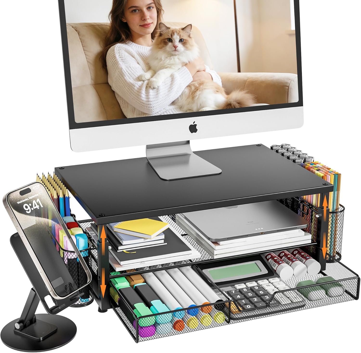 Desk Organizer and Accessories with Cellphone Holder, Height Adjustable 2-Tier Computer Monitor Stand Riser with Drawer and 2 Pen Holders,Office Desk Accessories for Office Supplie