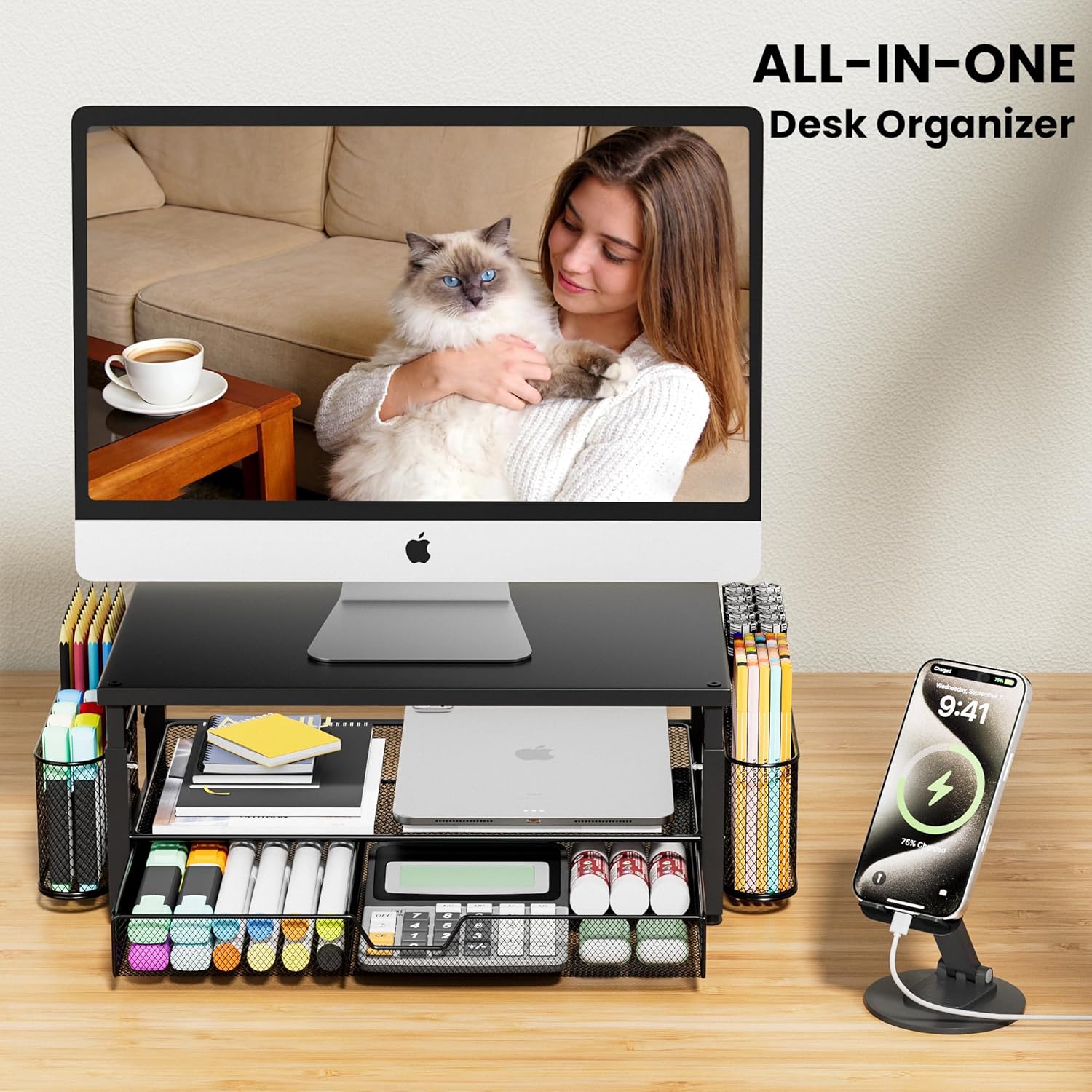 Desk Organizer and Accessories with Cellphone Holder, Height Adjustable 2-Tier Computer Monitor Stand Riser with Drawer and 2 Pen Holders,Office Desk Accessories for Office Supplie