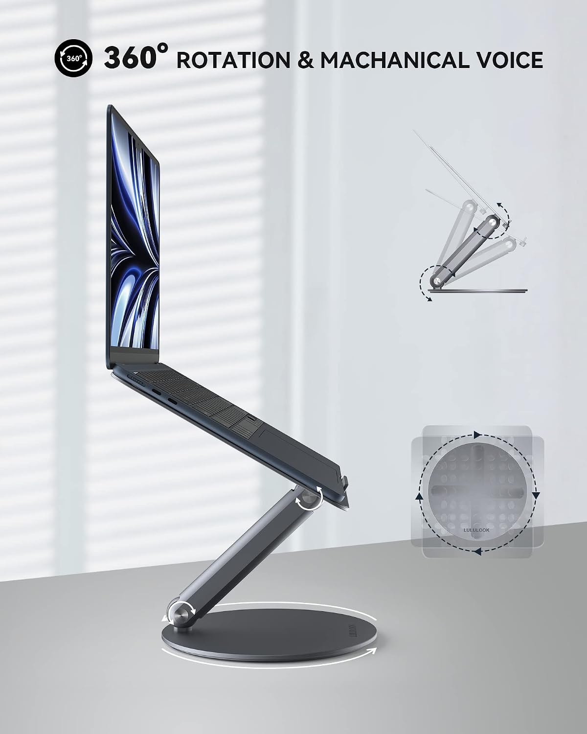 LULULOOK Laptop Stand, Foldable Laptop Stand with 360 Rotating Base, 360° Swivel Adjustable Aluminum Ergonomic Computer Stand for Desk Compatible with MacBook Pro/Air, Dell, Laptop