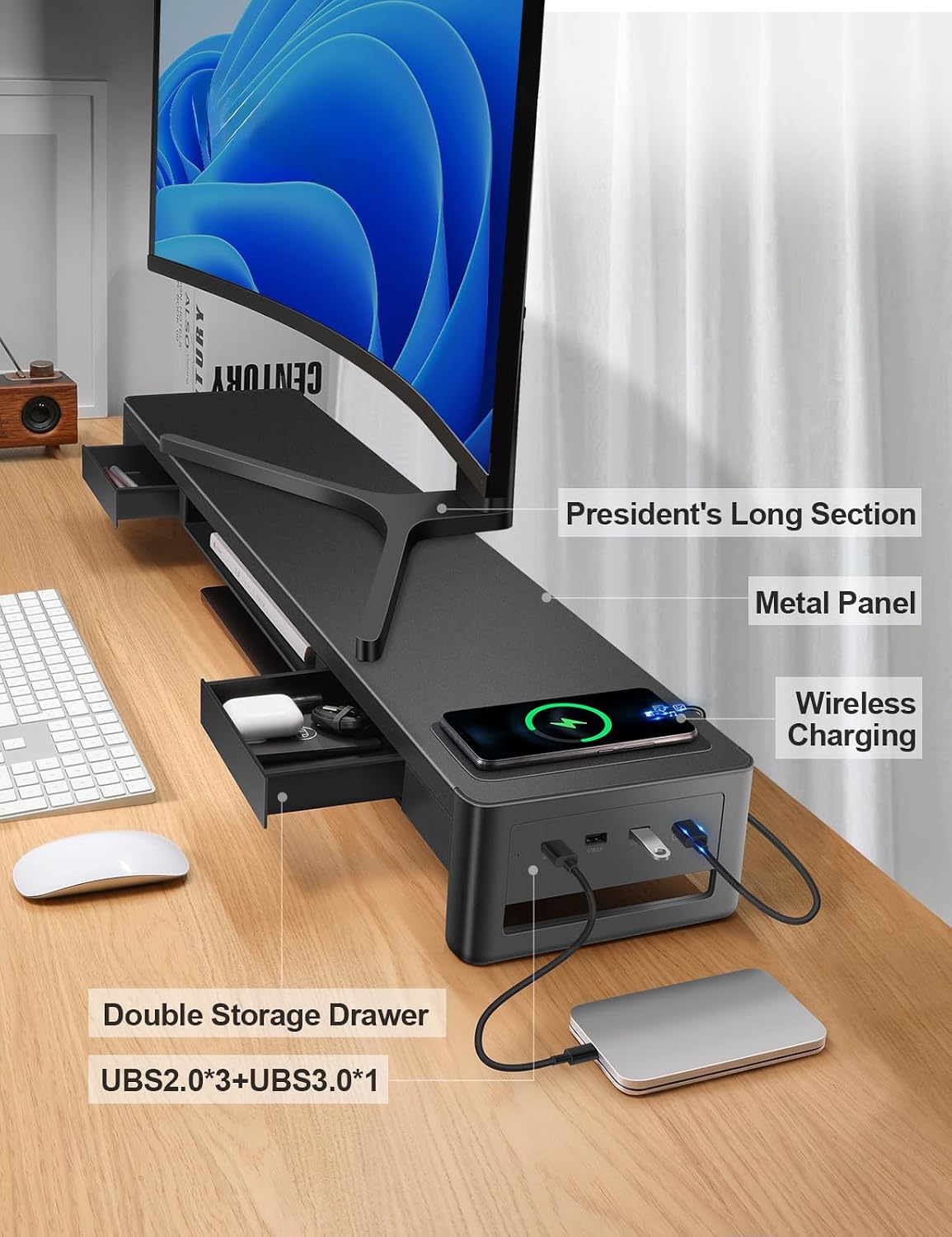 meatanty Dual Monitor Stand Riser with 2 Drawers,4 USB Ports and Charging Pad,Metal Monitor Stand for 2 Monitors Supports Transfer Data and Charging,Desk Organizer for PC(38.7 inch