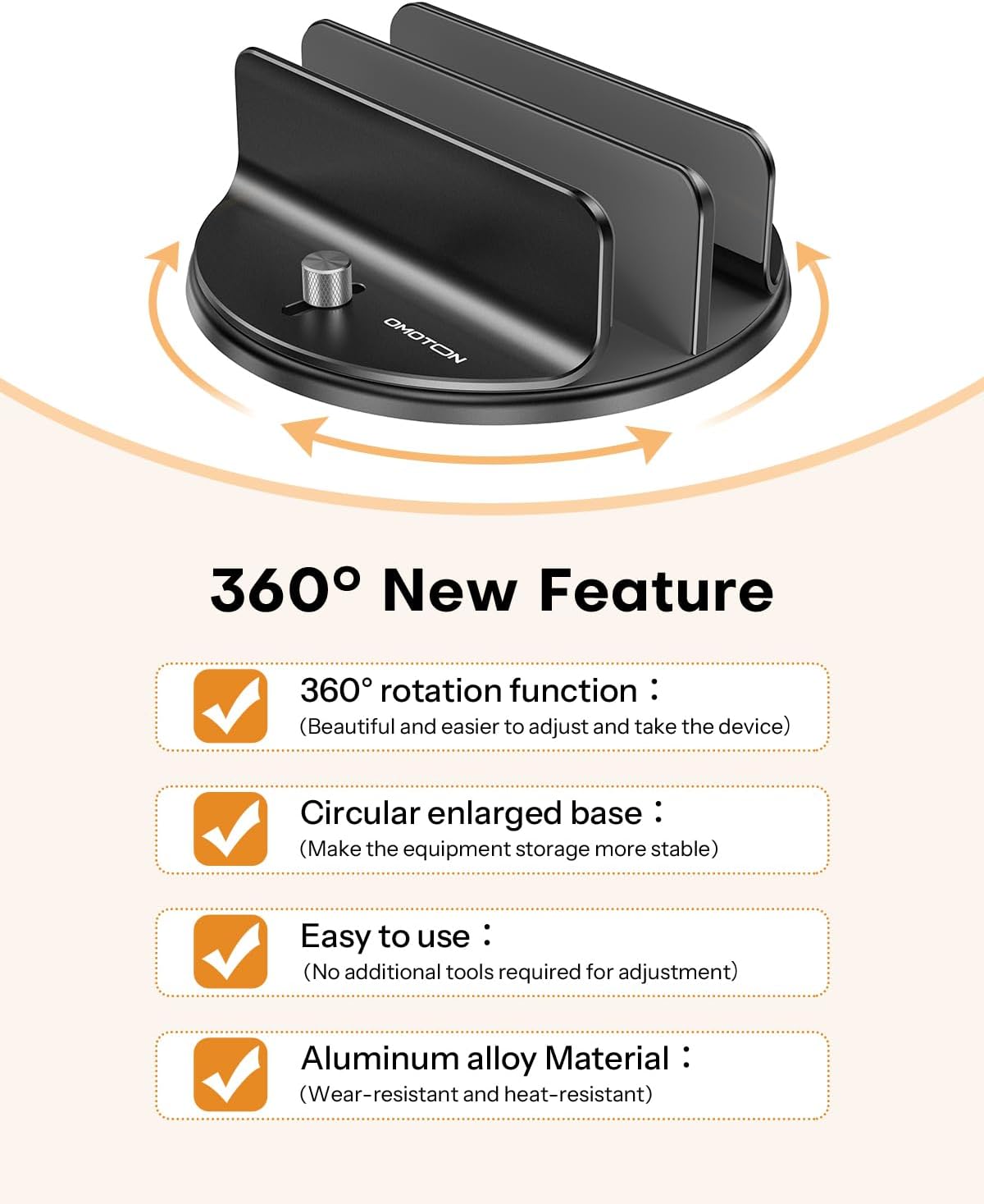 OMOTON 360° Rotating Vertical Laptop Stand Holder, Aluminum Dual-Slot Desk Organizer for MacBook & iPad, Sides Knob Adjustment (No Lost Screws), Holds Laptop, Tablet, Book & Keyboa