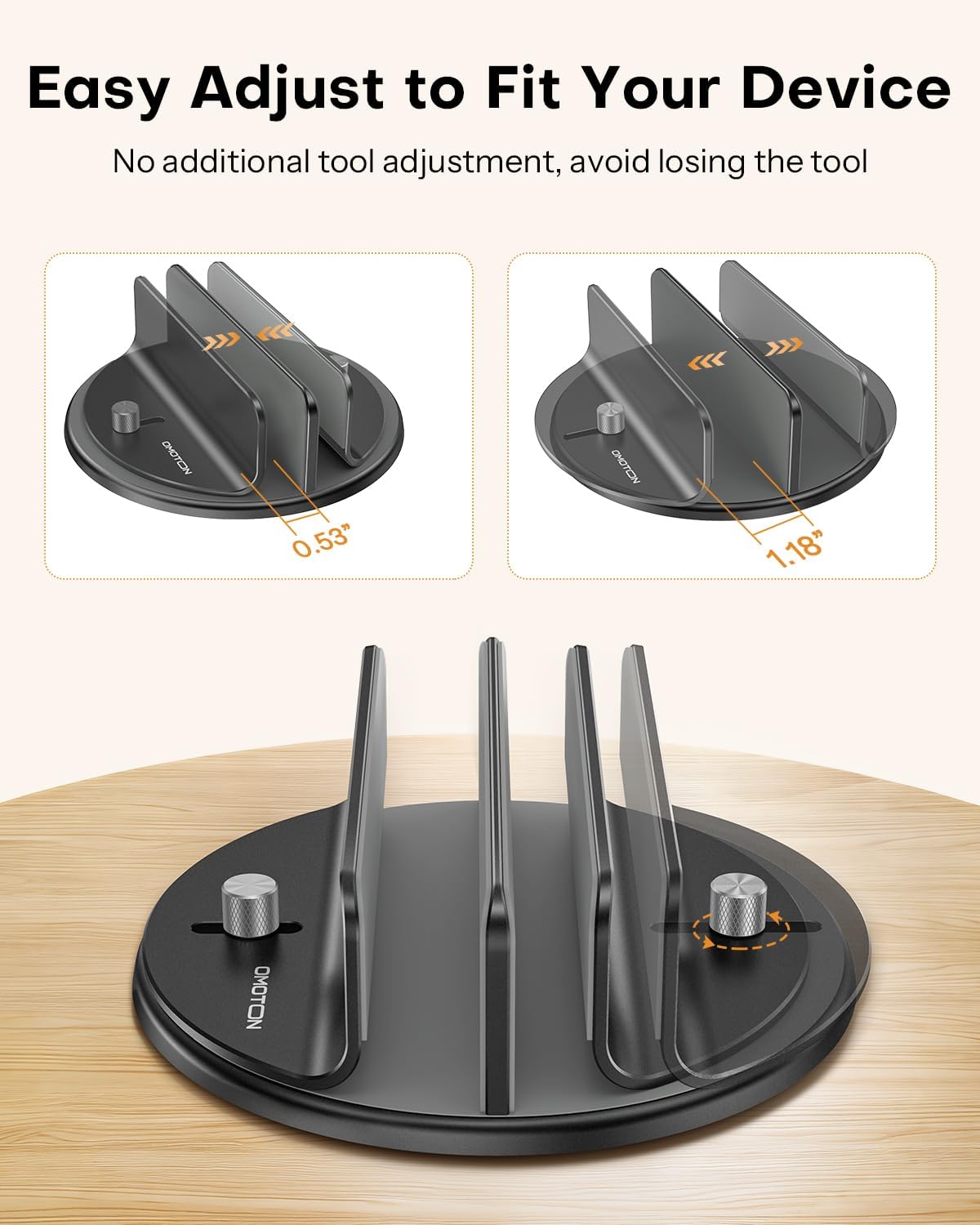 OMOTON 360° Rotating Vertical Laptop Stand Holder, Aluminum Dual-Slot Desk Organizer for MacBook & iPad, Sides Knob Adjustment (No Lost Screws), Holds Laptop, Tablet, Book & Keyboa