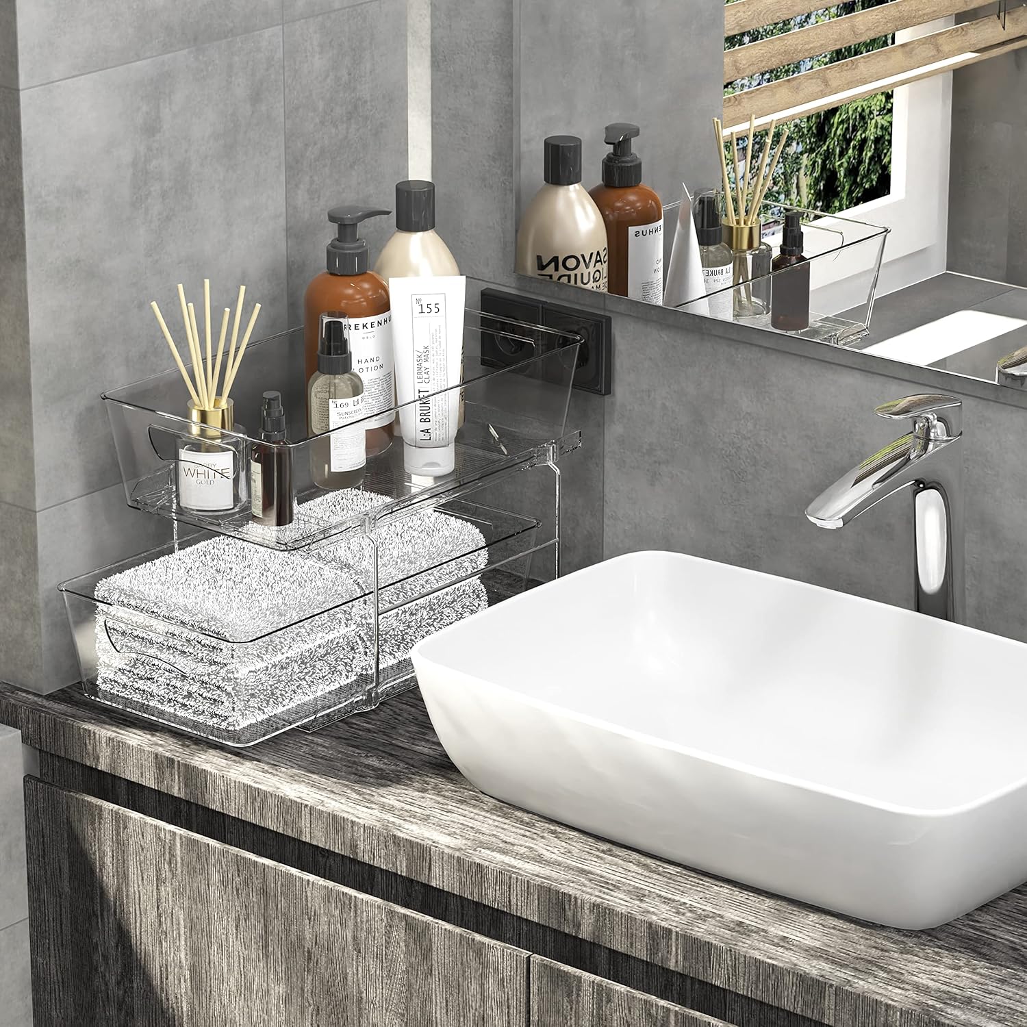 Simple Houseware 2 Tier Under Sink Organizer, Clear Sliding Pull-Out Drawers for Bathroom Storage, 1 Pack