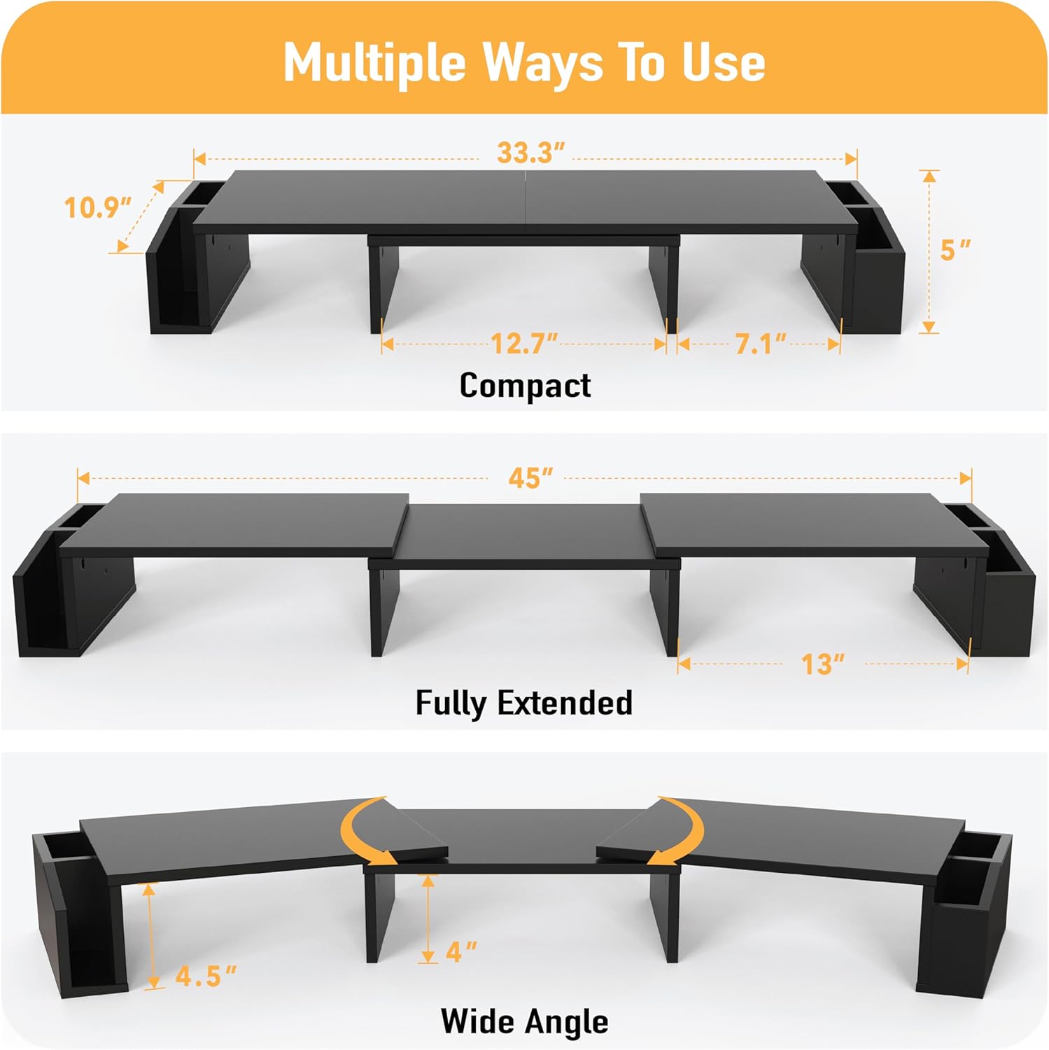 SimpleHouseware Dual Monitor Stand Riser of Adjustable Length and Angle Shelf with Holder and Drawer, Black