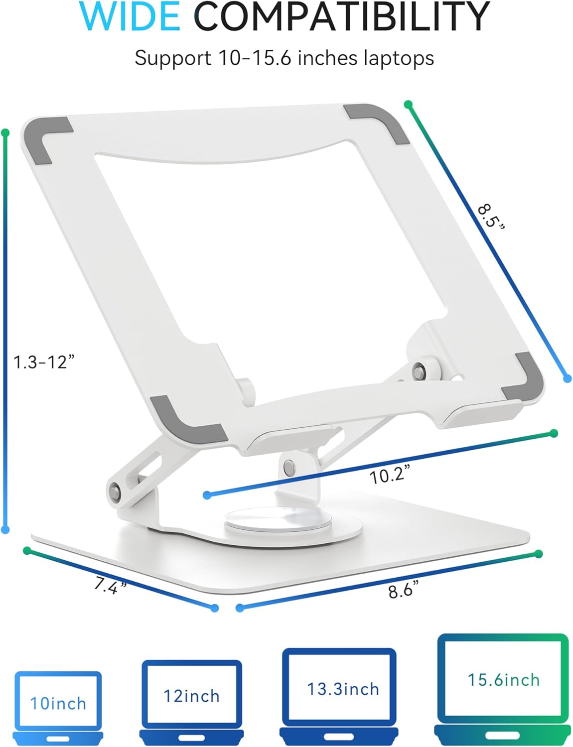 SOUNDANCE Laptop Stand with 360° Rotating Base, Ergonomic Computer Riser for Desk, Adjutable Height Muti-Angle, Foldable Laptop Mount, Stable Metal Holder Support 10-15.6" Notebook