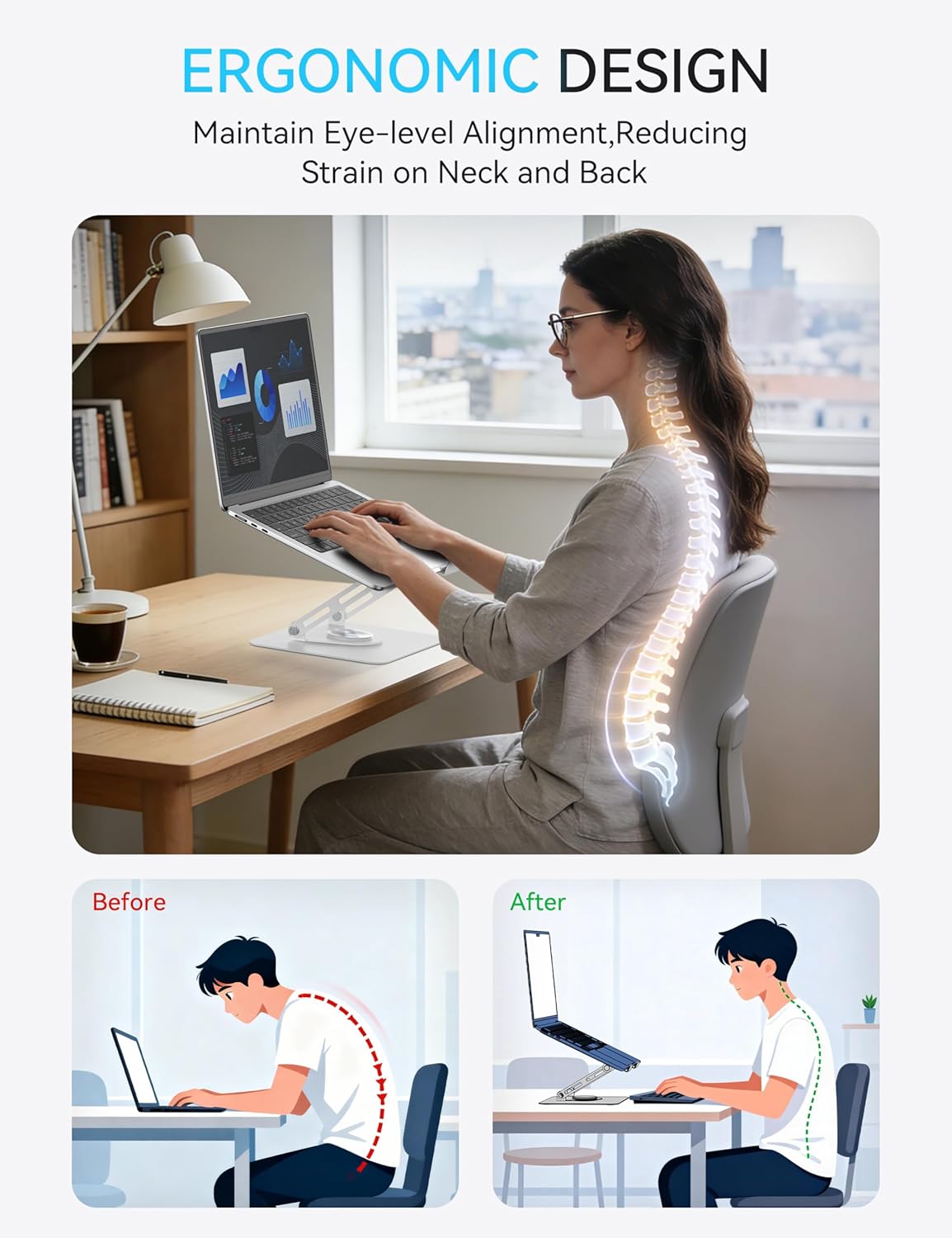 SOUNDANCE Laptop Stand with 360° Rotating Base, Ergonomic Computer Riser for Desk, Adjutable Height Muti-Angle, Foldable Laptop Mount, Stable Metal Holder Support 10-15.6" Notebook