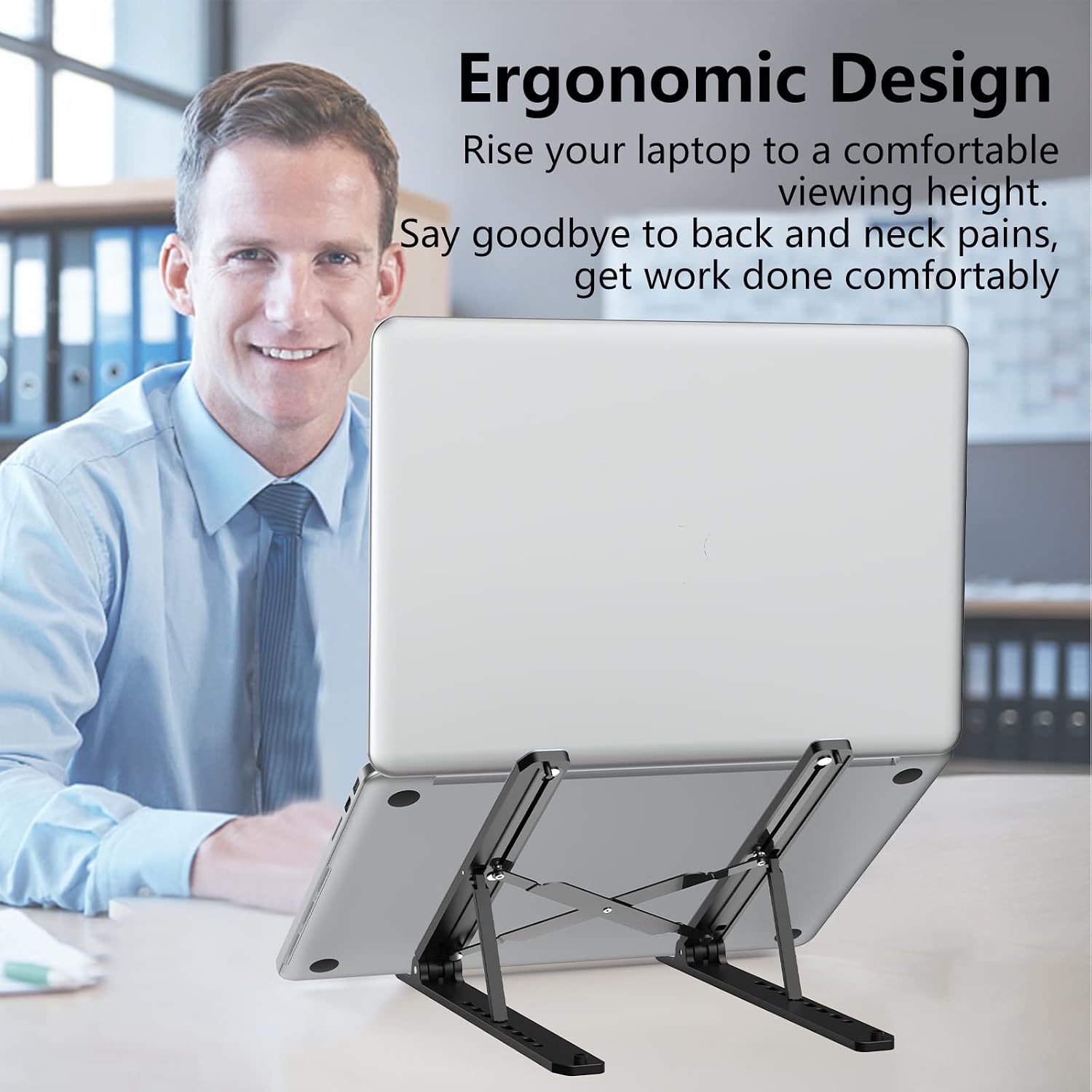 Laptop Stand for Desk, Adjustable Laptop Riser ABS+Silicone Foldable Portable Laptop Holder, Ventilated Cooling Pad Notebook Stand for 10-15.6” Laptops,Tablet-Black