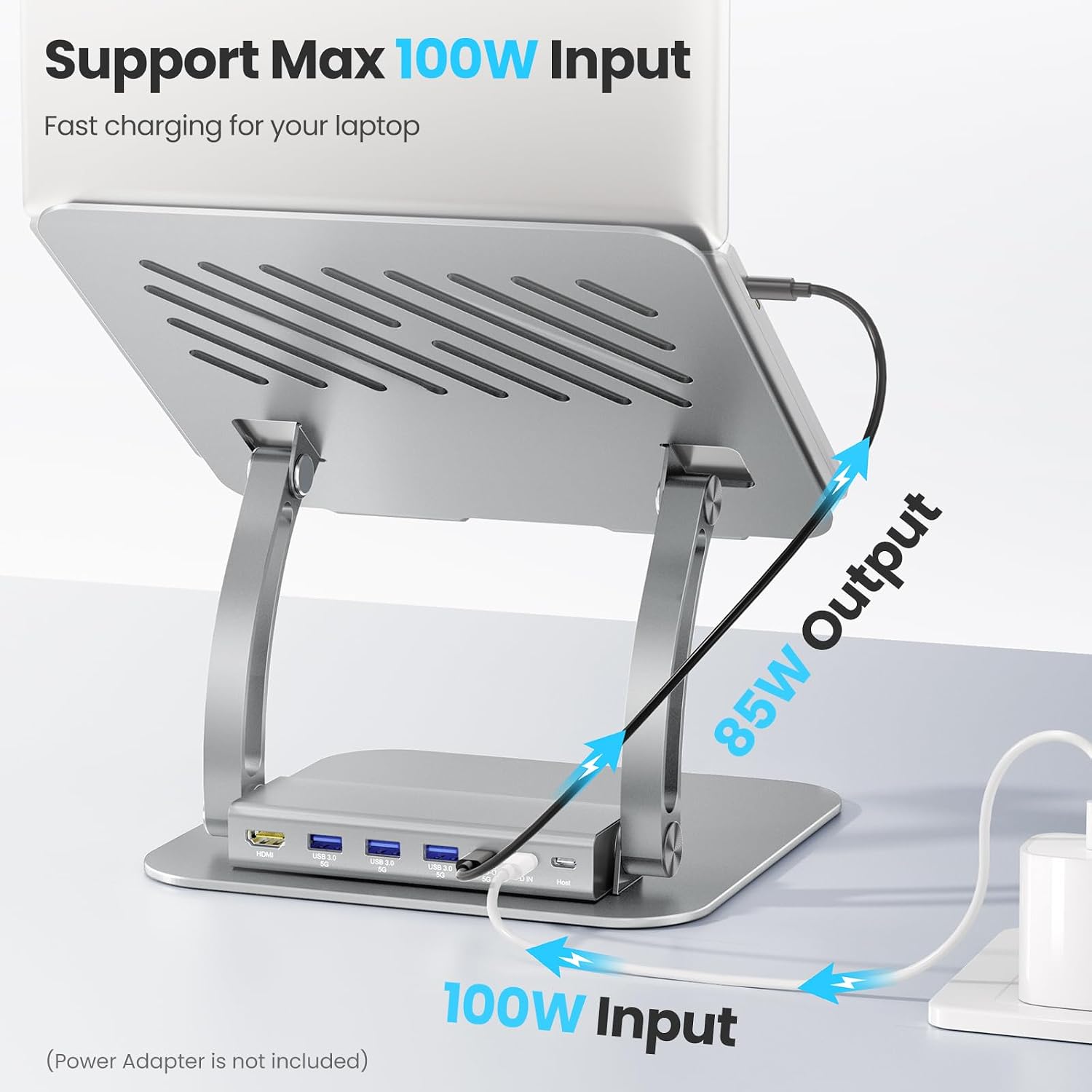 Tounee Laptop Stand with Detachable USB-C Hub, 100W PD Charging, 4K@60Hz HDMI, USB-A & USB-C 3.0 Ports, Host Port, Ergonomic Aluminum Laptop Holder for 10-17" Laptops, MacBook & Mo