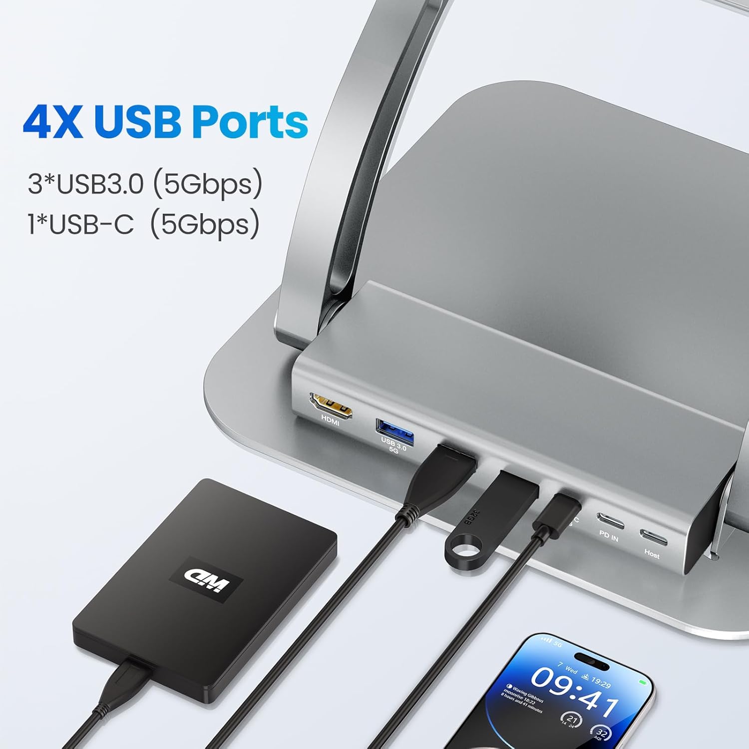 Tounee Laptop Stand with Detachable USB-C Hub, 100W PD Charging, 4K@60Hz HDMI, USB-A & USB-C 3.0 Ports, Host Port, Ergonomic Aluminum Laptop Holder for 10-17" Laptops, MacBook & Mo