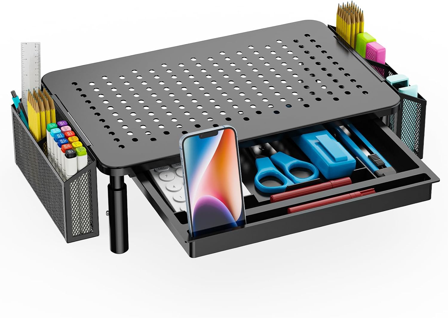 WALI Computer Monitor Stand with Storage, Desk Organizer with Drawer and Pen Holder, Desk Monitor Riser 3 Height Adjustable, Laptop Riser for Computer, Laptop, Printer (STT003DH-B)