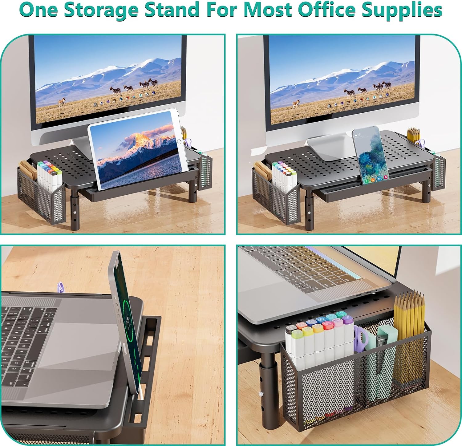 WALI Computer Monitor Stand with Storage, Desk Organizer with Drawer and Pen Holder, Desk Monitor Riser 3 Height Adjustable, Laptop Riser for Computer, Laptop, Printer (STT003DH-B)