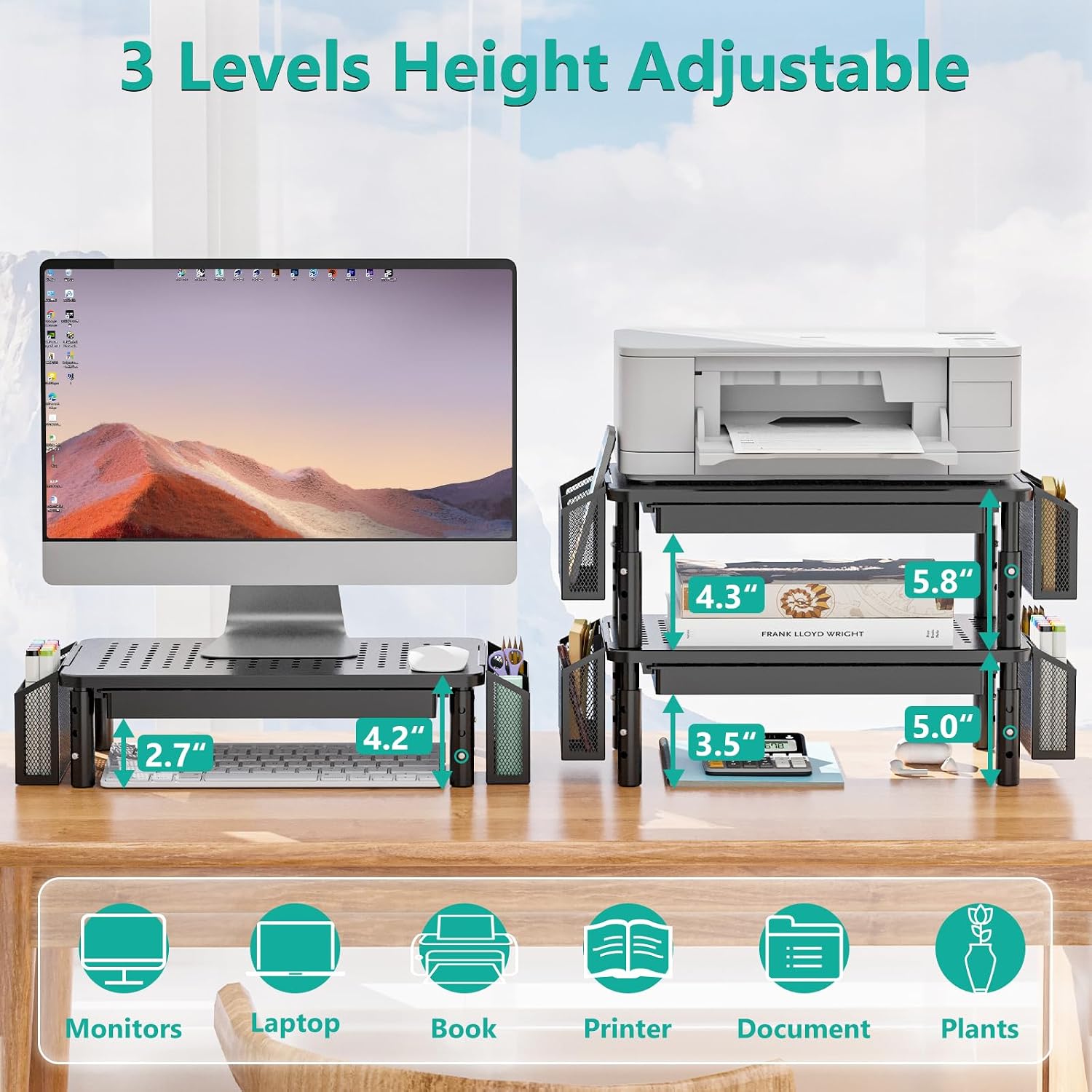 WALI Computer Monitor Stand with Storage, Desk Organizer with Drawer and Pen Holder, Desk Monitor Riser 3 Height Adjustable, Laptop Riser for Computer, Laptop, Printer (STT003DH-B)