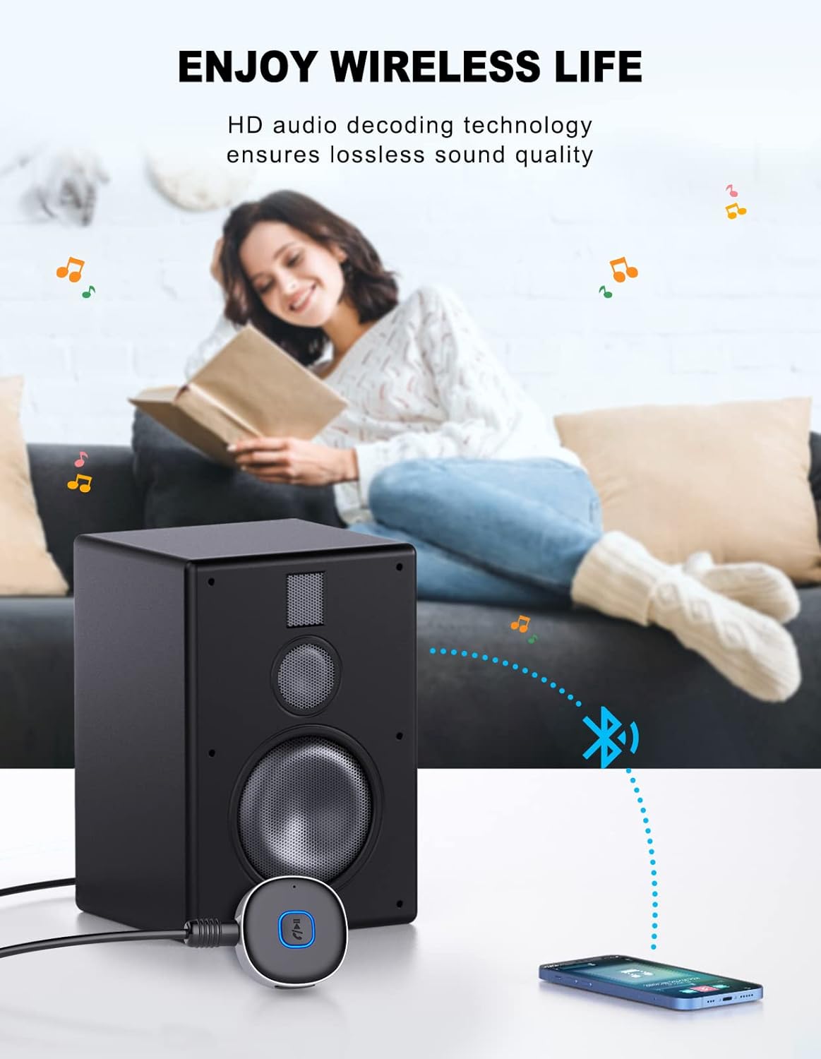 WOCBUY Bluetooth Adapter for Car, 3.5mm AUX Bluetooth Receiver for Music Streaming, Bluetooth 5.0 Wireless Audio Receiver for Car/Home Stereo/Wired Headphones/Speaker, Dual Connect