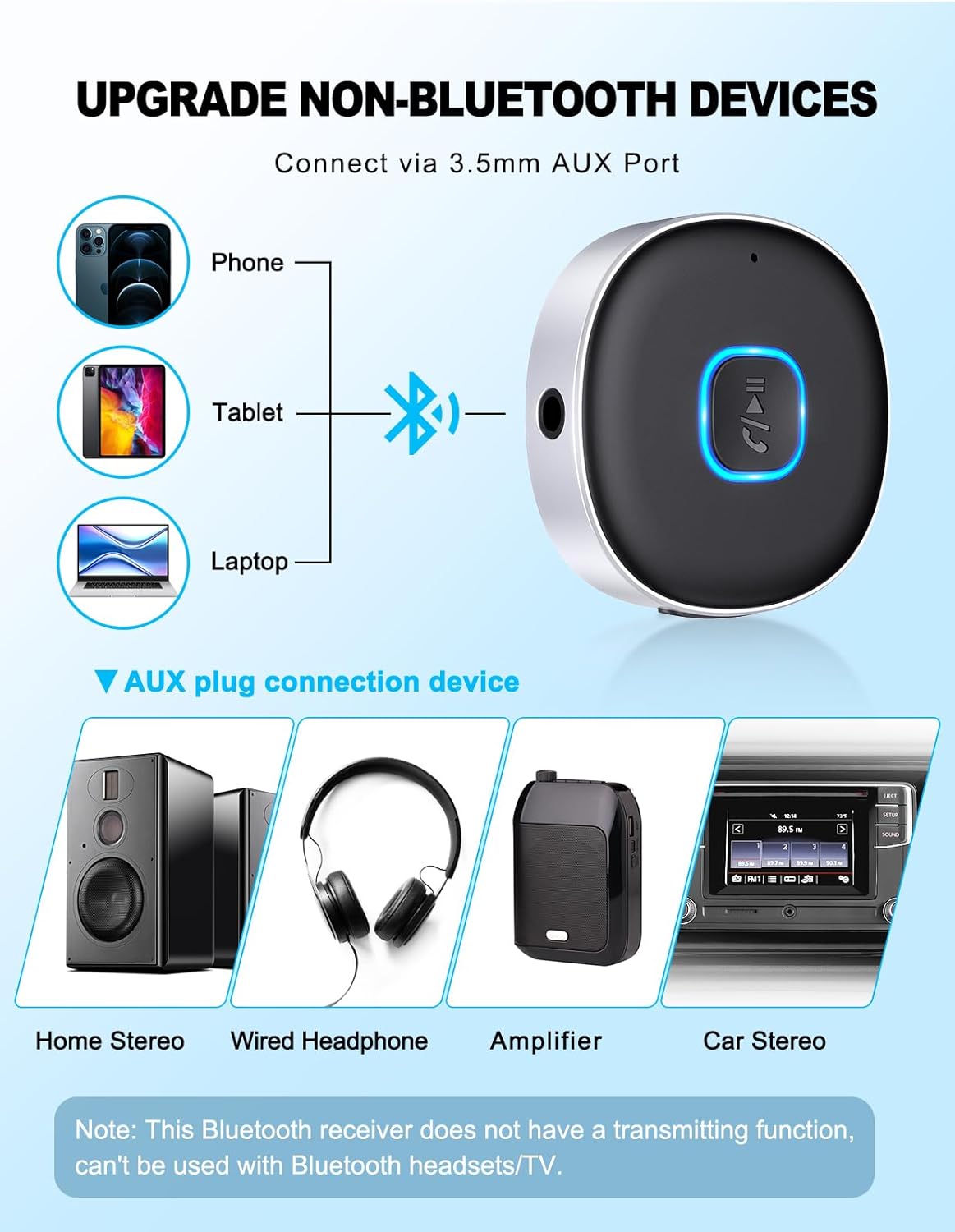WOCBUY Bluetooth Adapter for Car, 3.5mm AUX Bluetooth Receiver for Music Streaming, Bluetooth 5.0 Wireless Audio Receiver for Car/Home Stereo/Wired Headphones/Speaker, Dual Connect