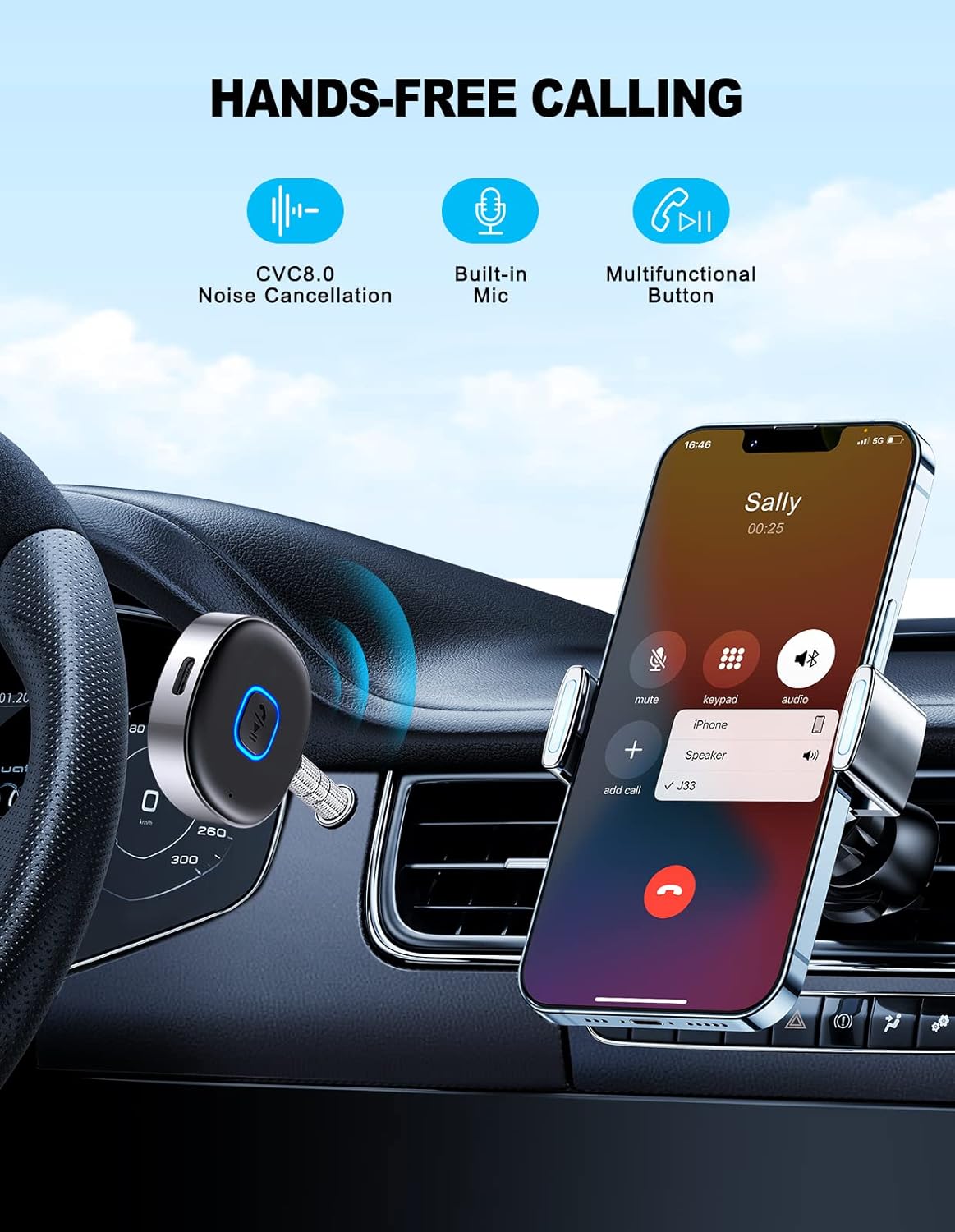 WOCBUY Bluetooth Adapter for Car, 3.5mm AUX Bluetooth Receiver for Music Streaming, Bluetooth 5.0 Wireless Audio Receiver for Car/Home Stereo/Wired Headphones/Speaker, Dual Connect