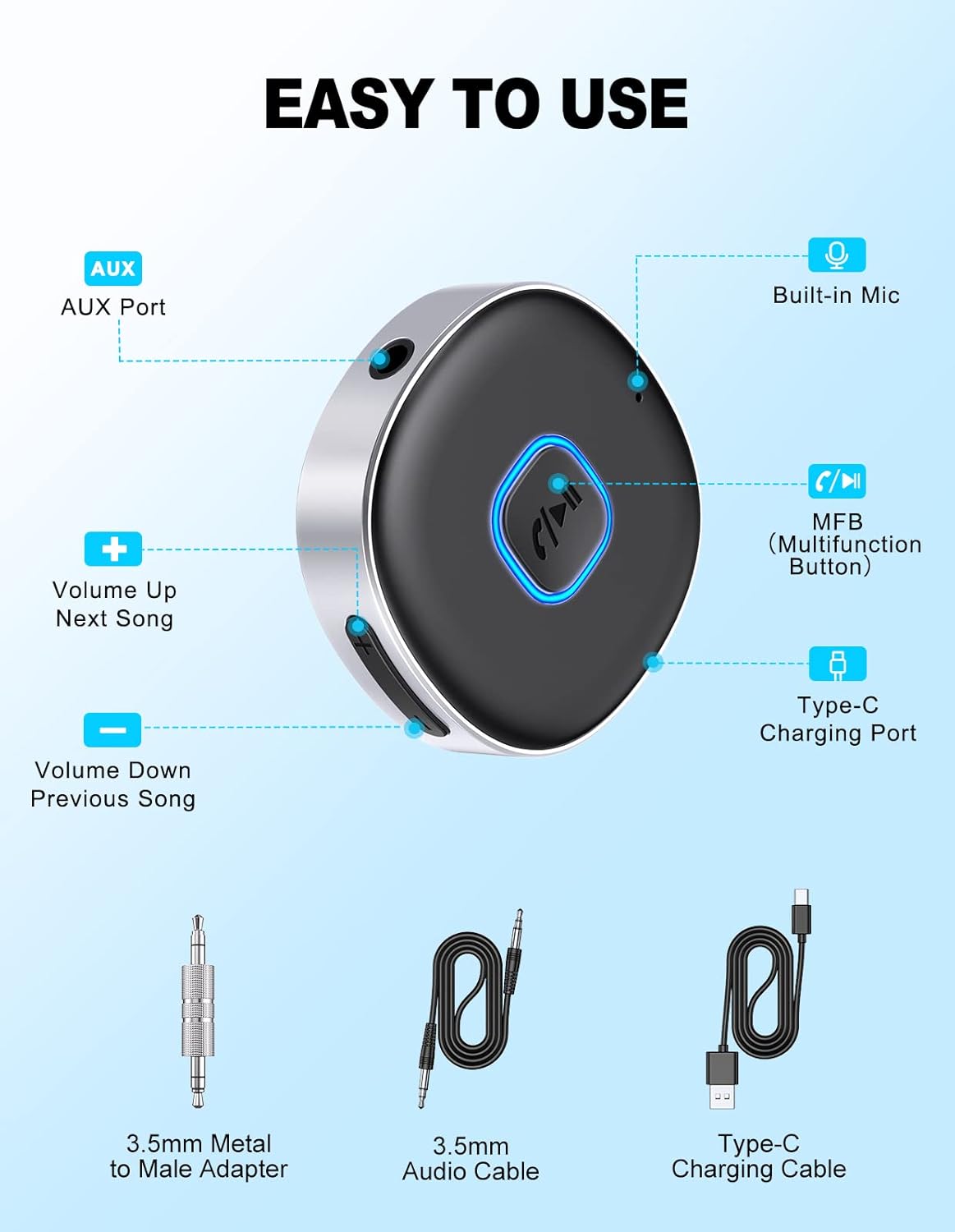 WOCBUY Bluetooth Adapter for Car, 3.5mm AUX Bluetooth Receiver for Music Streaming, Bluetooth 5.0 Wireless Audio Receiver for Car/Home Stereo/Wired Headphones/Speaker, Dual Connect