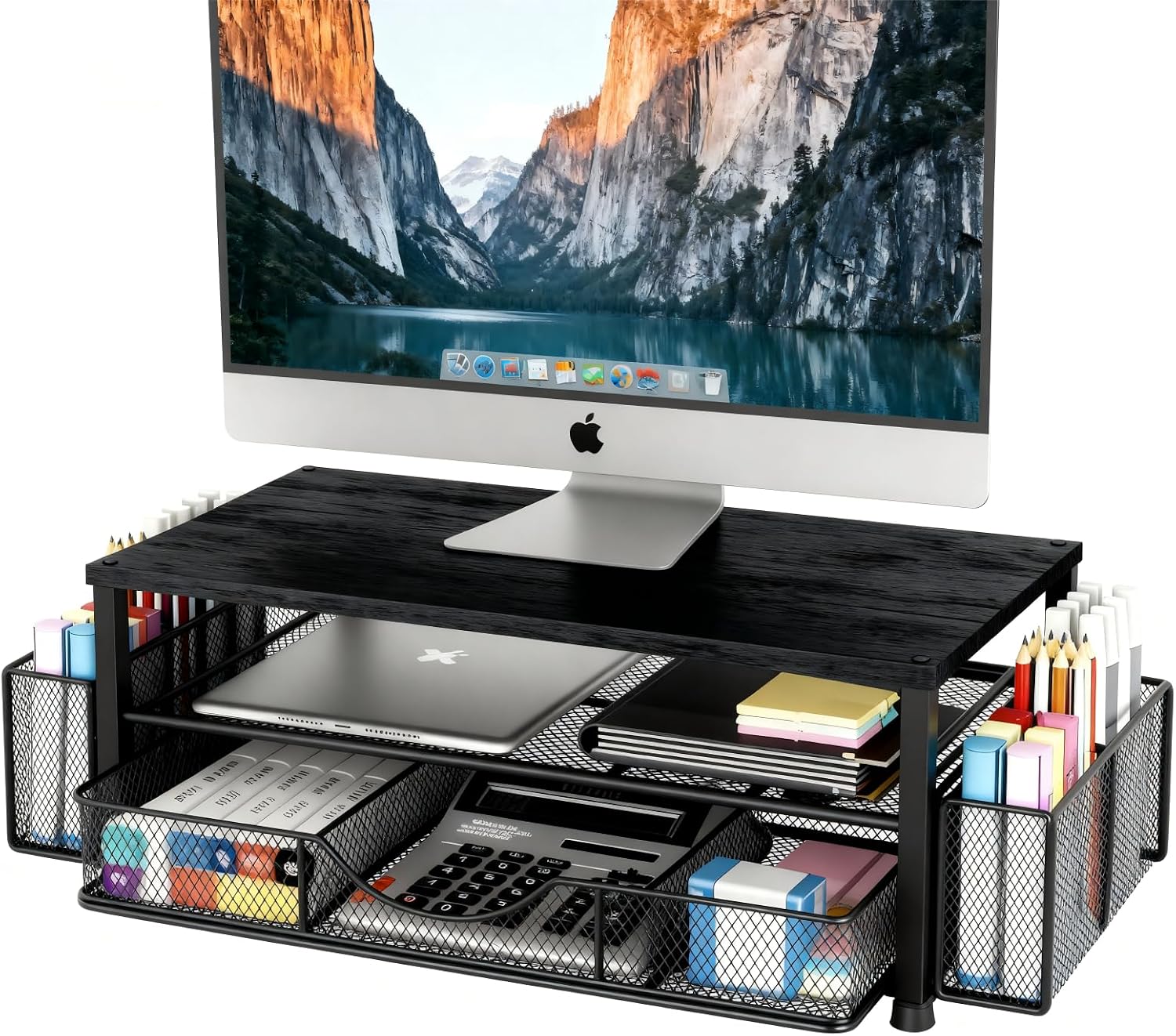 Wood Monitor Stand with Drawer & 2 Pen Holders | 2-Tier Desktop Monitor Riser & Desk Organizer for Computer, Laptop | Desktop Stand for Home Office Accessories (Black)