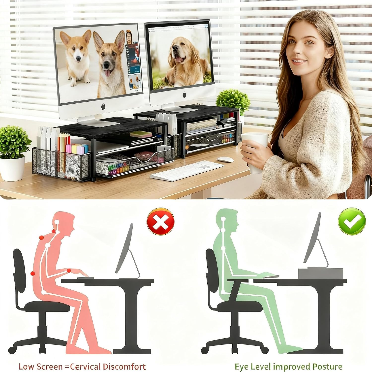 Wood Monitor Stand with Drawer & 2 Pen Holders | 2-Tier Desktop Monitor Riser & Desk Organizer for Computer, Laptop | Desktop Stand for Home Office Accessories (Black)
